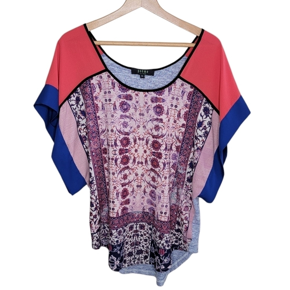 Poeme by Citron Patchwork Colorblock Boho Scoop Neck Short Sleeve Blouse Medium